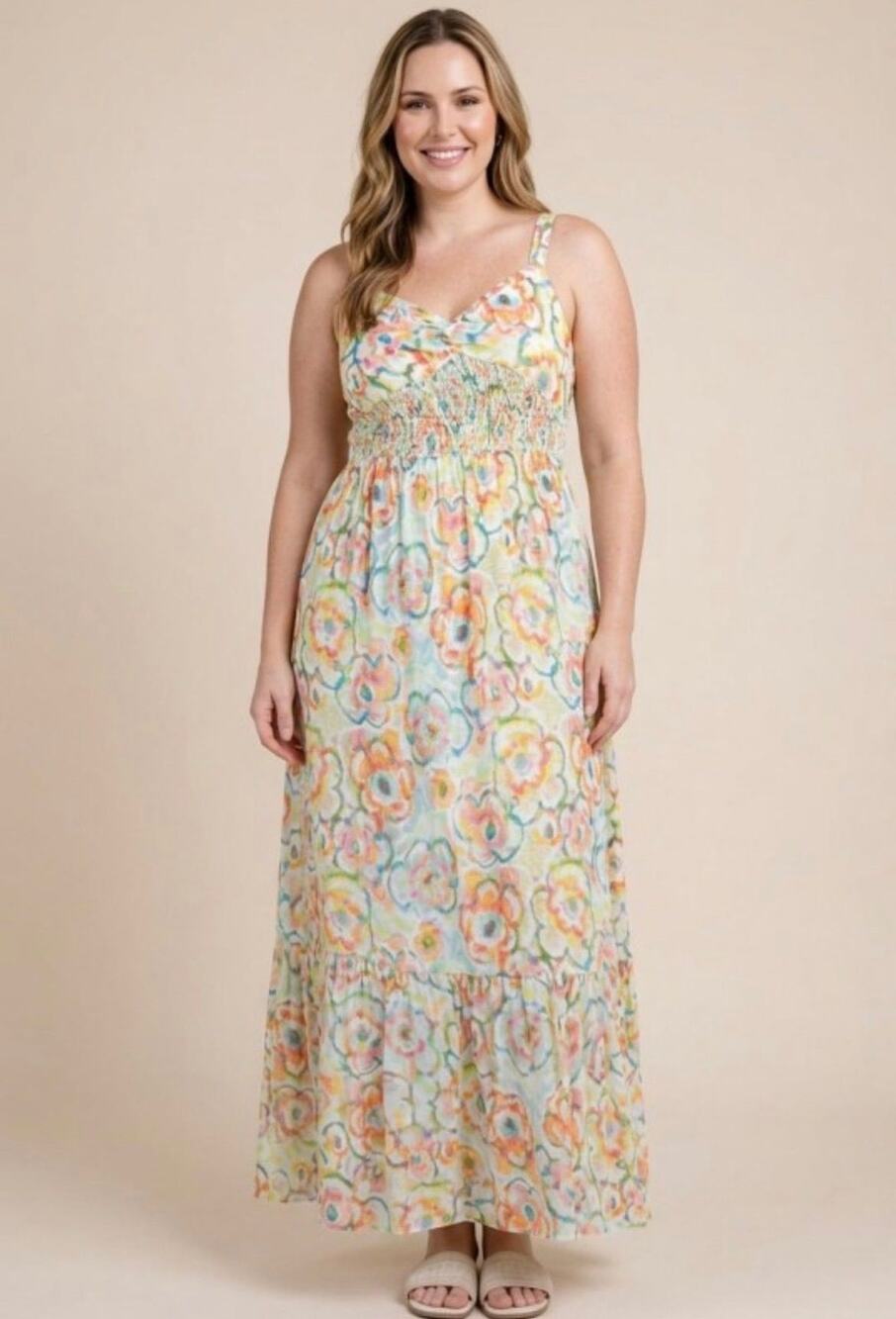 Floral Tiered Maxi Dress with Smocked Waist - 1XL